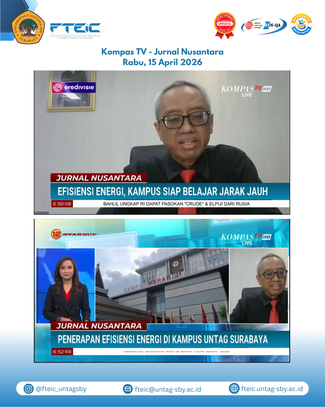 Rektor UNTAG Surabaya, Dr. Harjo Seputro, ST., MT. bersama Berita Kompas TV - Jurnal Nusantara Rabu, 15 April 2026